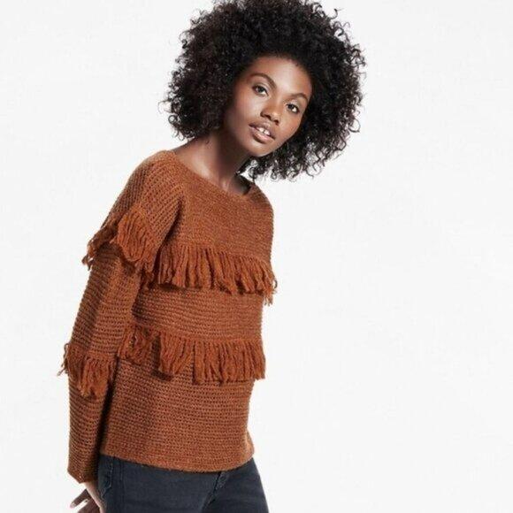 NWT ** Lucky Brand Brown Brown Fringe Cropped Pullover Sweater ** SZ M - Picture 2 of 9